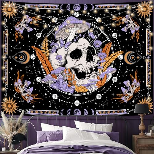Aipon Purple Skeleton Tapestry Bedroom Skull Mushroom Tapestries Hippie Nature Plants Floral Flower Aesthetic Tapestry Wall Hanging for Living Room Dorm (Purple, 48'' × 36'')
