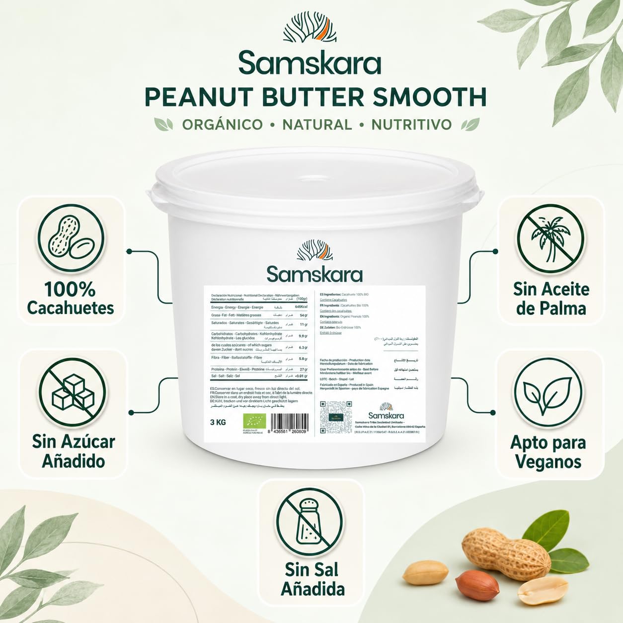 Crema de Cacahuete Ecológica BIO Smooth 3kg x 2 Cubos | 100% Cacahuetes Tostados | Mantequilla de Maní Cremosa Sin Azúcar Añadido, Sin Sal, Sin Aceite de Palma | Vegana | Pack Ahorro