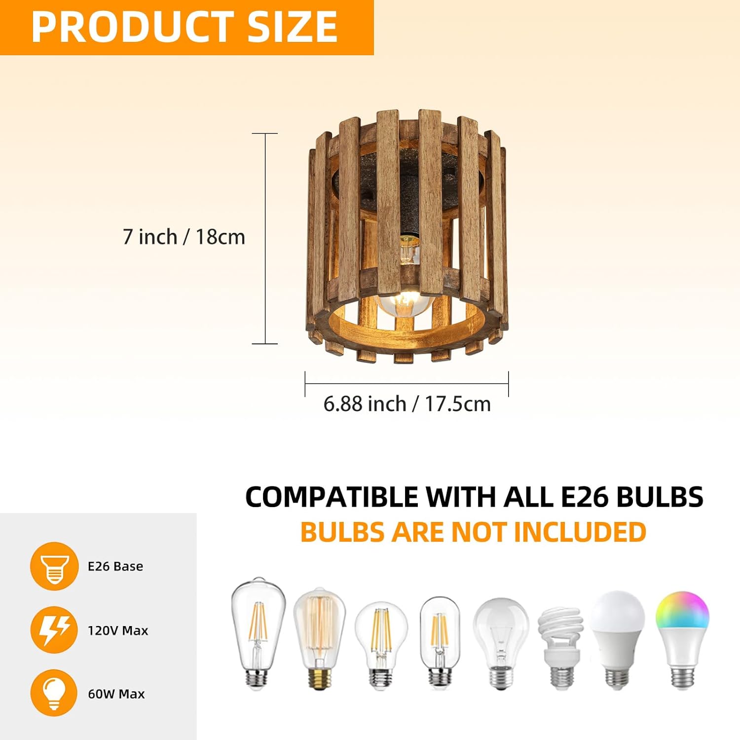 Rustic Farmhouse Ceiling Light, Wood Cage Mini Flush Mount Light, Hallway Light Fixtures for Entryway for Kitchen, Dining Room, Brown