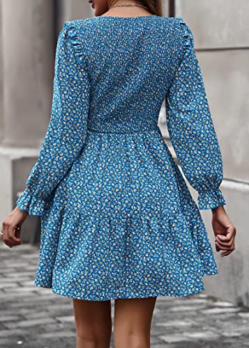 Image of KIRUNDO Long Sleeve Dress for Women 2025 Summer Fall Wedding Guest Smocked Floral Crewneck Ruffle A Line Flowy Mini Dress