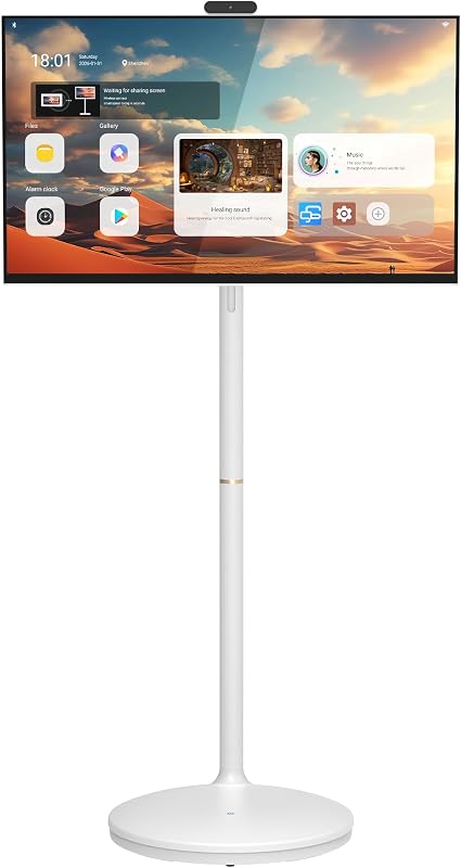 32" 2K Smart Portable TV on Wheels | Rolling TV, Anti-Glare Touchscreen Monitor, Rechargeable Battery, Full Swivel Rotation, 20W Speakers