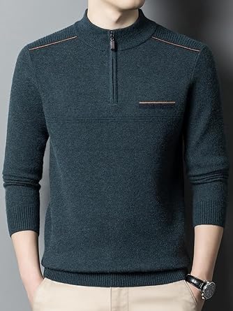 Winter Men's Half-High Collar Zippered Thickened Sweater,Casual Warm Middle-Aged Knitted Sweater