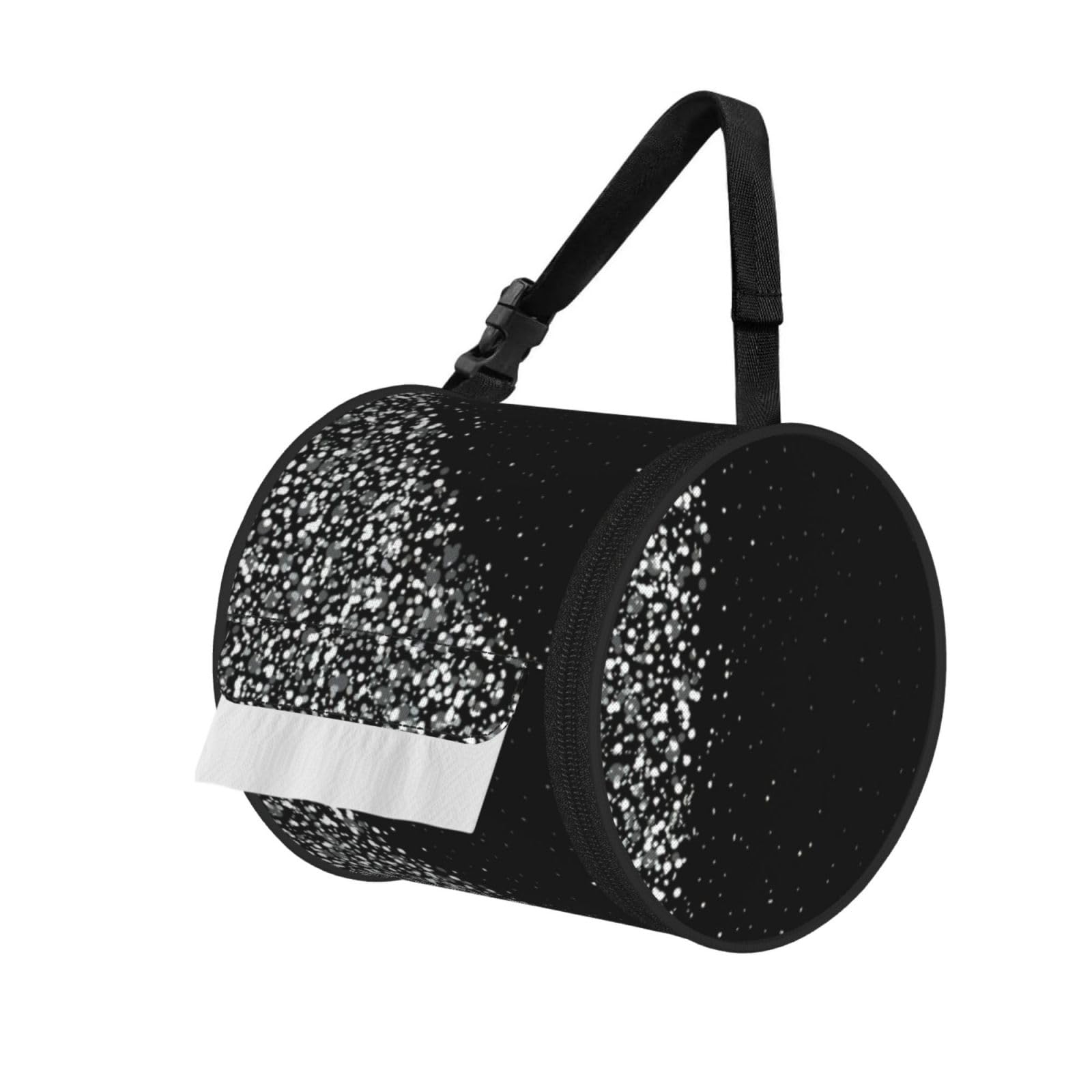 Black White Glitter Print Round Paper Tissue Holder With Shoulder Strap, Portable Roll Case For Caravan Travel Use