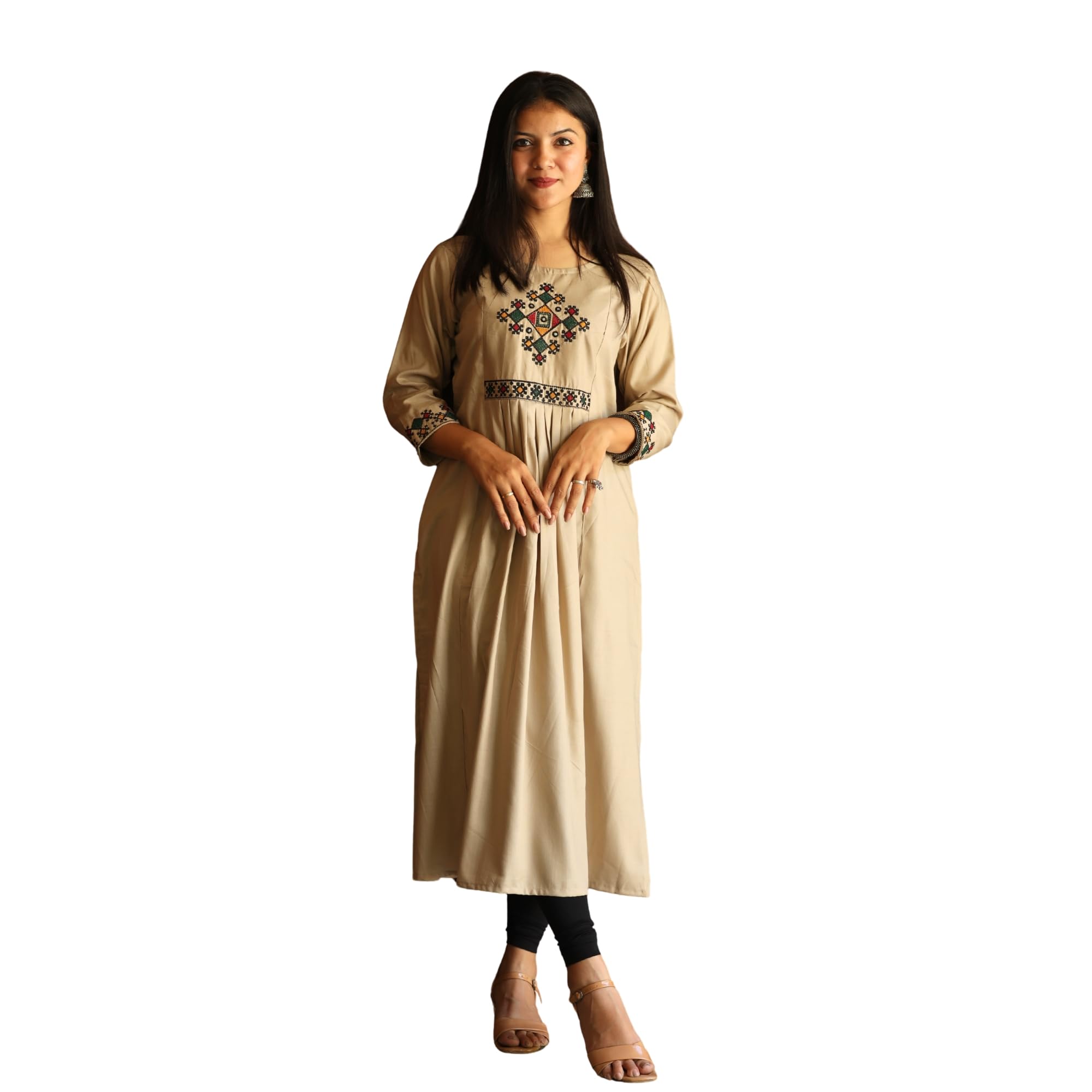 Women's Beige A-Line Rayon Kurta with Cross Stitch Embroidery | Ethnic Casual Wear Kurti | 3/4 Sleeve Embroidered Kurta | (M-5XL)-picture-32
