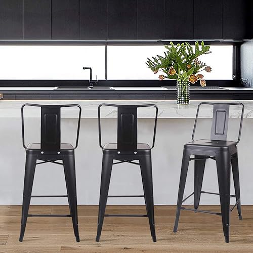 Miniatura 48 de GIA Taburete de metal con respaldo medio de 24 pulgadas de altura de mostrador con asiento de madera oscura, 1 paquete, color negro Negro -,Blanco