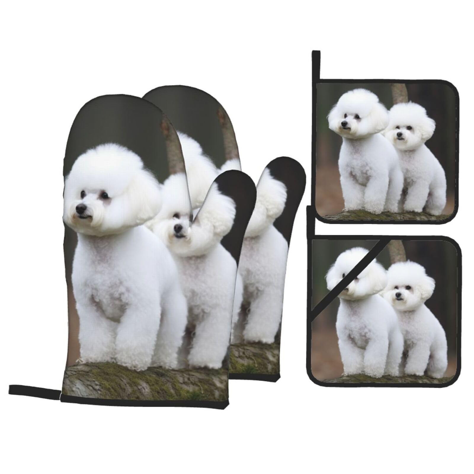 4 Piece Oven Mitts and Pot Holders Set Heat Resistant Oven Gloves and Potholders BBQ Gloves Hot Pads Bichon Frise Cooking Gloves for Kitchen Baking Grilling