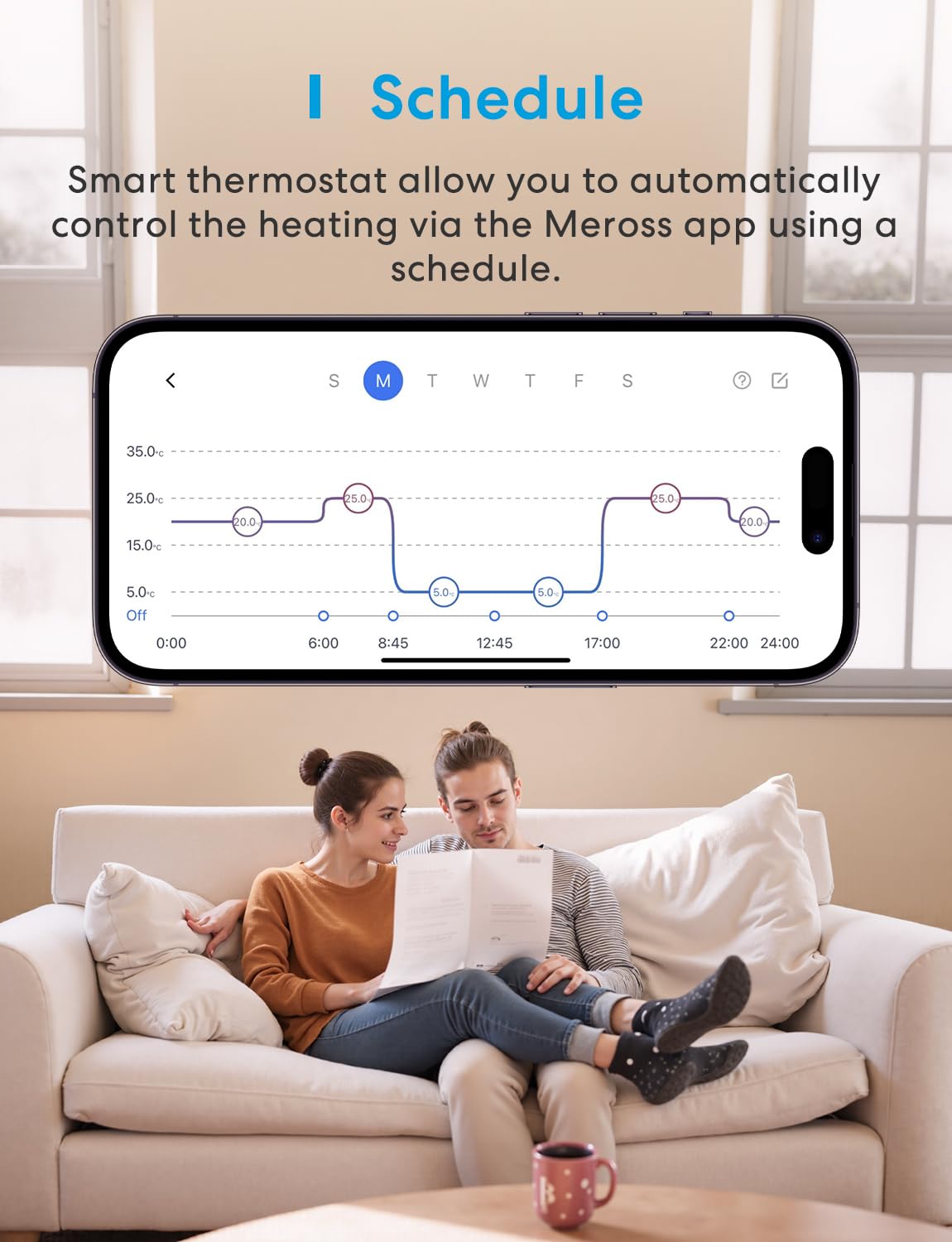 Meross Inteligentny termostat, matowy, cyfrowy termostat pokojowy, Wi-Fi, do ogrzewania podłogowego i bojlera, inteligentny termostat ścienny z Siri, Alexa i Google, czarny