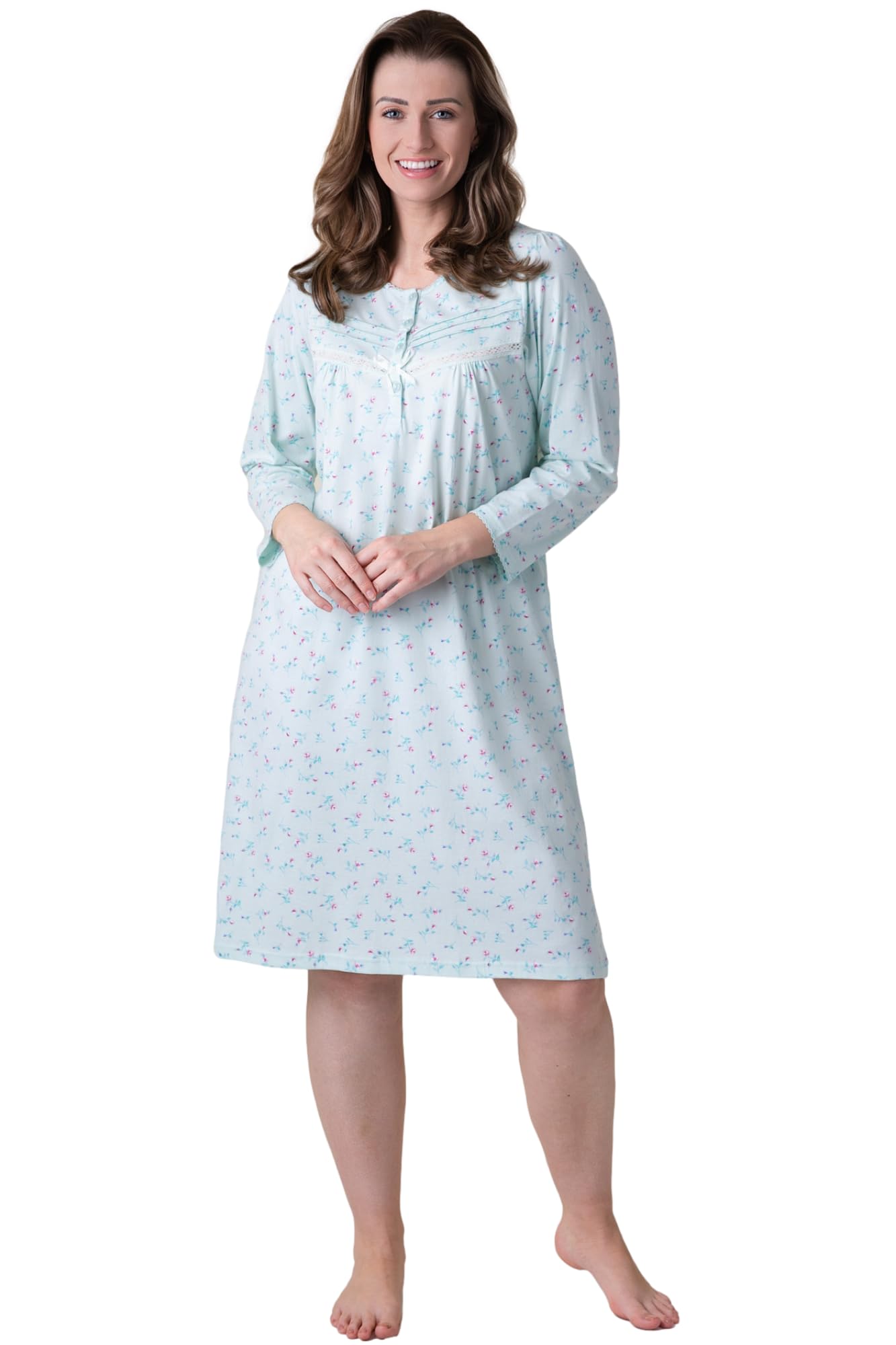 Camille Women's Mint Flower Organic Cotton Nightie - Floral Knee Length Cotton Nightdress | Relaxed Fit Traditional Nighty With Long Sleeves | Flattering Shape Nightwear - Mint 10-12