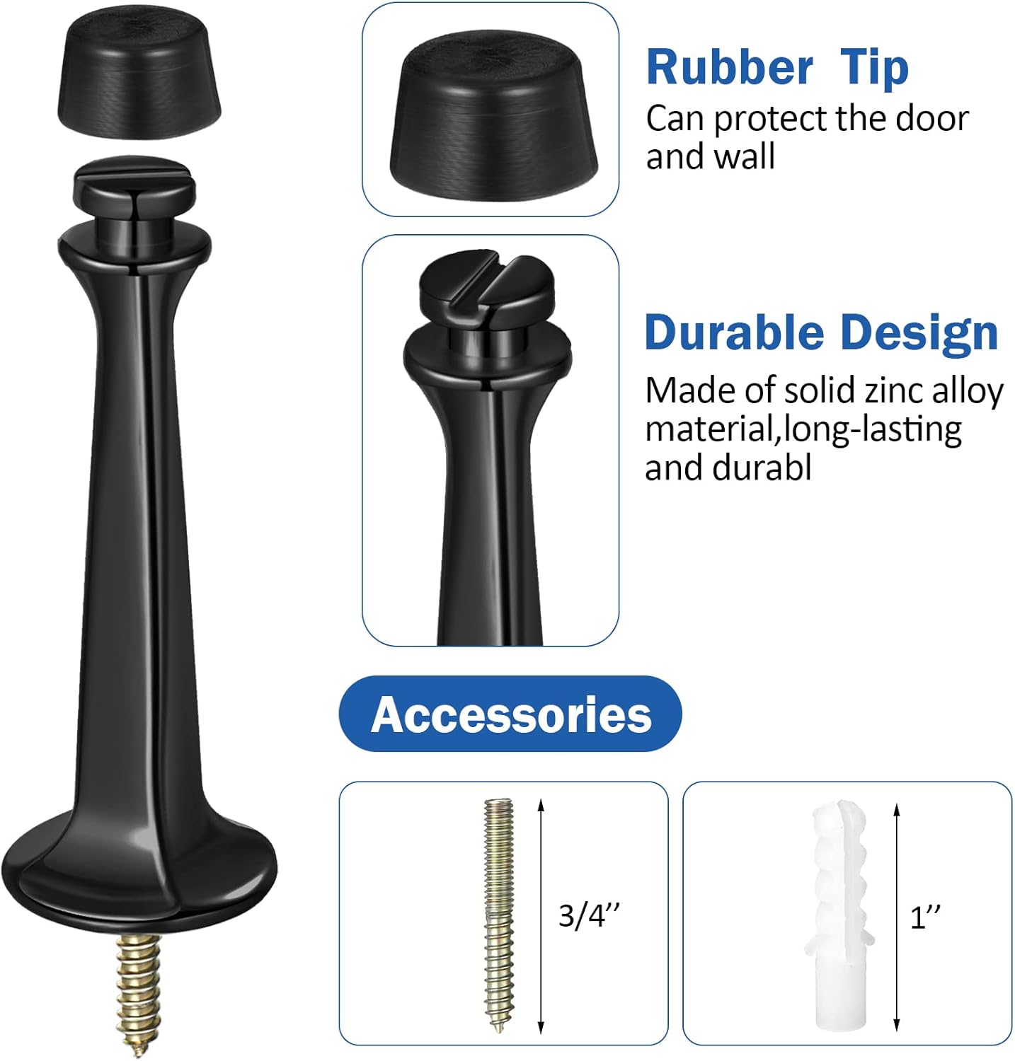 Chumia 24 Pack Door Stop Heavy Duty Solid Rigid Door Bottom Stoppers with Soft Rubber Tip Wall Mount for Protect Wall(Black)