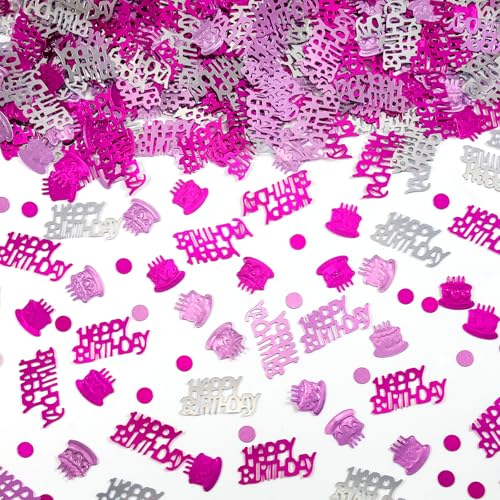 Image of Hot Pink and Silver Happy Birthday Confetti, 3000 Pcs Birthday Cake Table Metallic Foil Confetti Party Table Decor for Party, Baby Shower, DIY Arts and Crafting