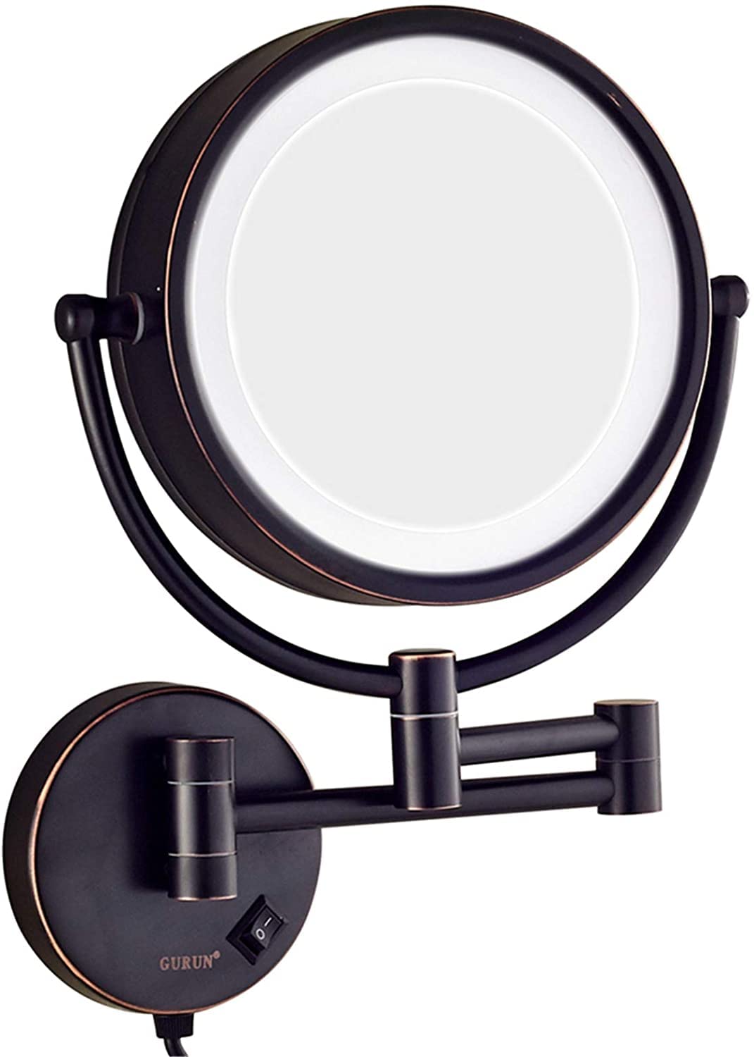 Specchio for Trucco ingranditore da Parete 1X＆3X/5X/7X/10X Illuminato a LED, specchietti da Trucco estensibili girevoli a Doppia Faccia in Ottone da 8 Pollici,Cromo,7X(Schwarz,3X)