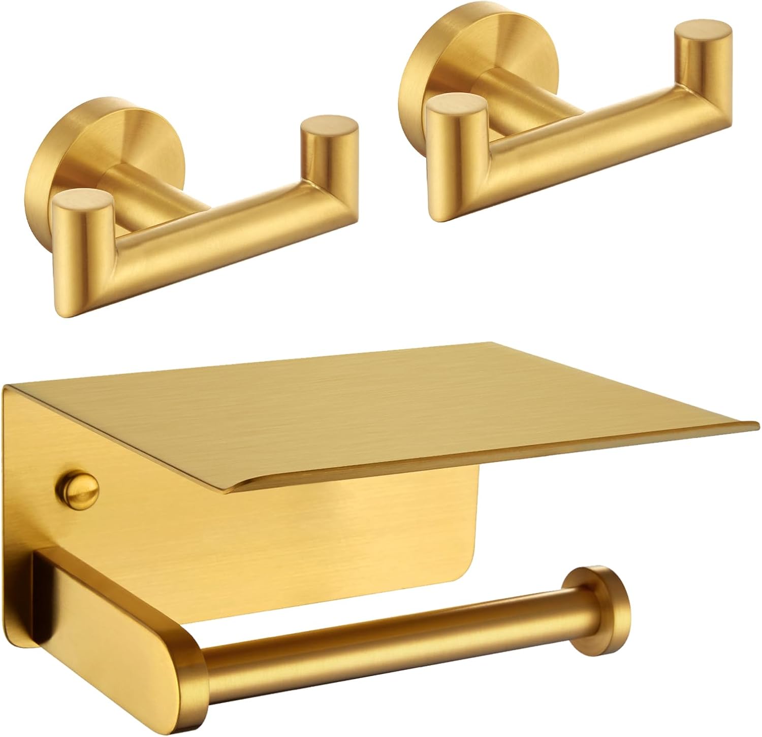 Toilet Paper Holder with Shelf and Double Towel Hook 2 Pack Bundle, APLusee 304 Stainless Steel Wall Mounted Bathroom Accessories Brushed Gold
