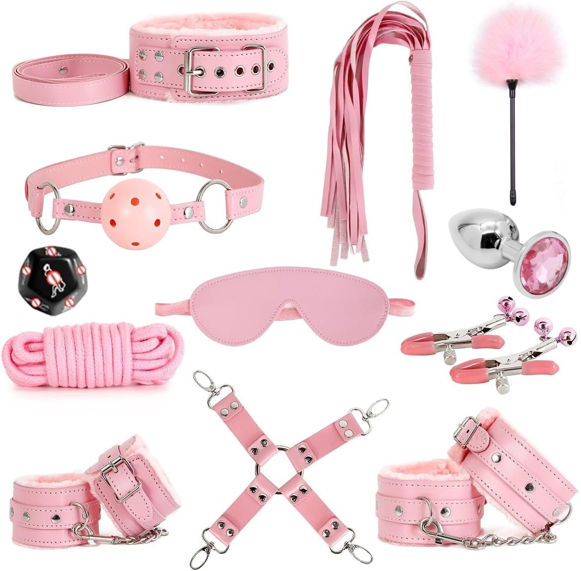 Sex Bondage Restraint Kits BDSM Toys 12 Pcs Handcuffs Ankle Cuffs Anal Plug Nipple Clamps Ball Gag Blindfold