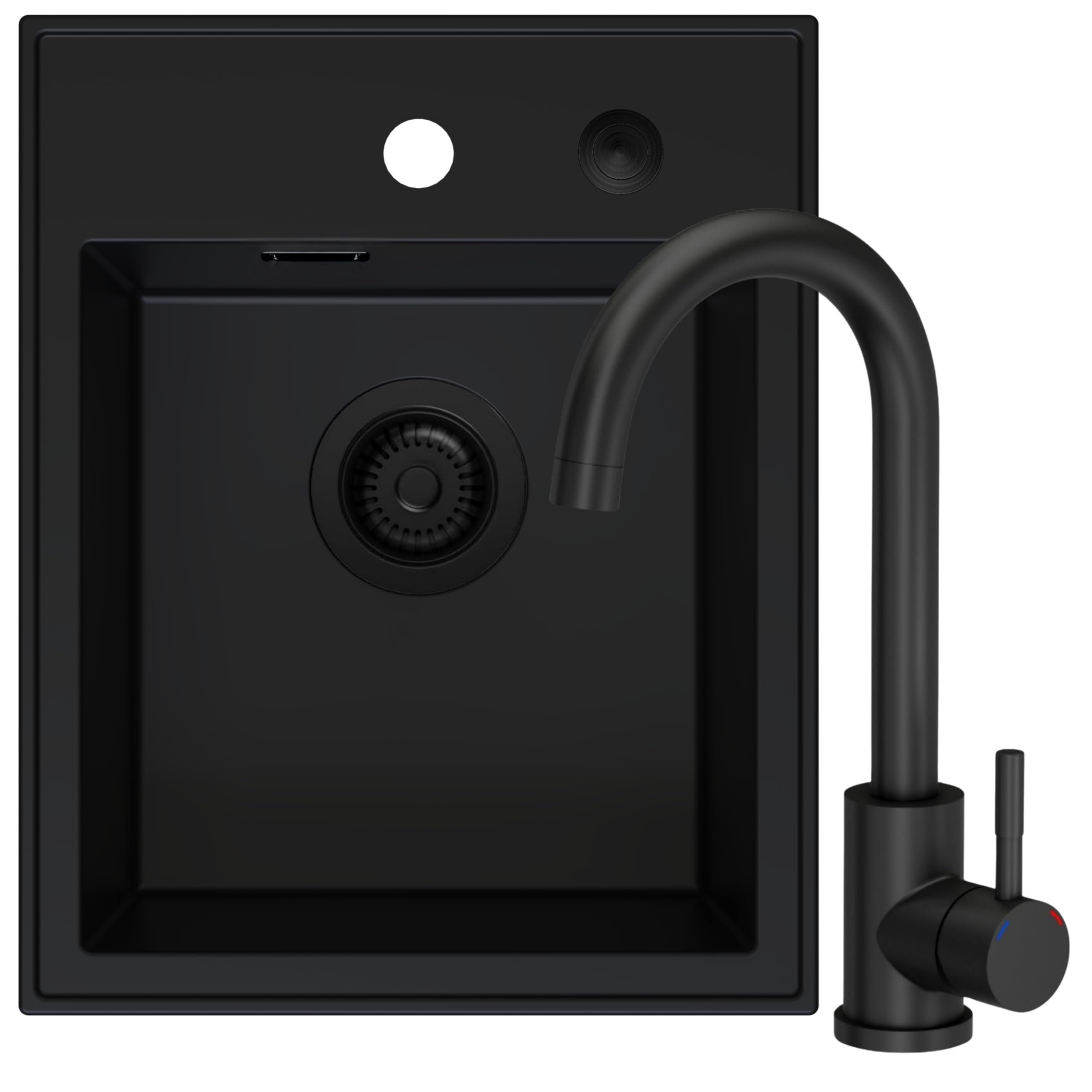 SINK QUALITY Spülbecken Alles Schwarz Set mit Armatur 40x50 cm - Granitspüle Set mit Küchenarmatur, Siphon Schwarz und Imprägnierung - Spüle ohne Abtropffläche für Unterschränke ab 40 cm Breite