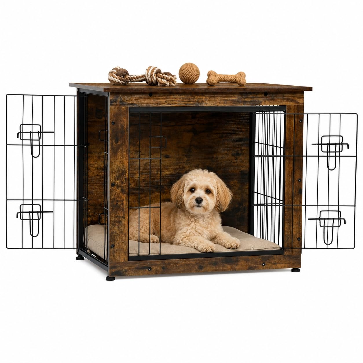 EGGREE Gabbia per Cani, Interno 62 cm, 2 Porte, Effetto Legno, Marrone
