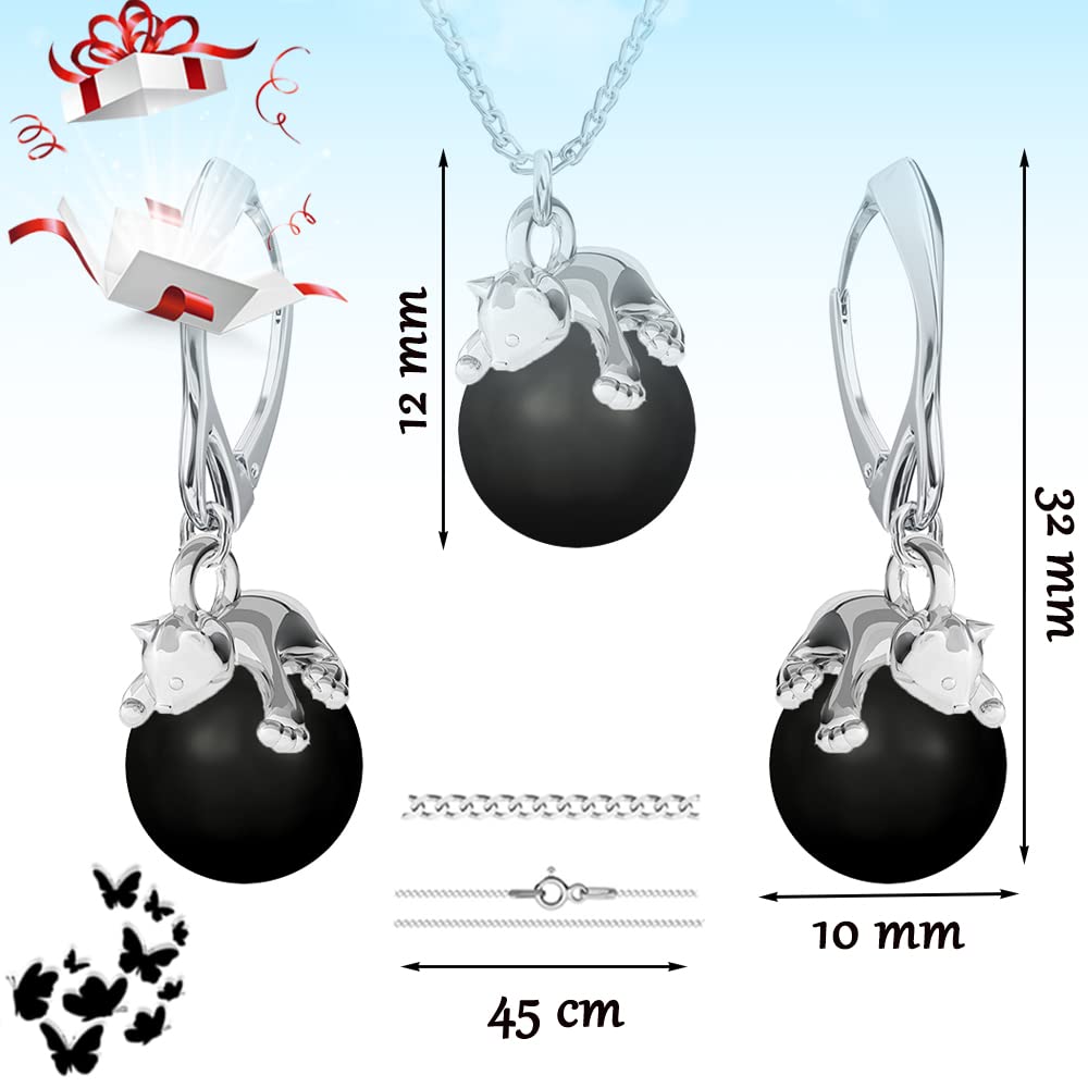 Schmuckset für Damen Ohrringe Silber 925 Hängend Katze Kette Damen mit Anhänger - Schmuck Set für Sie mit Kristallen - Ohrringe Hängend und Halskette Mädchen Geschenk Frauen