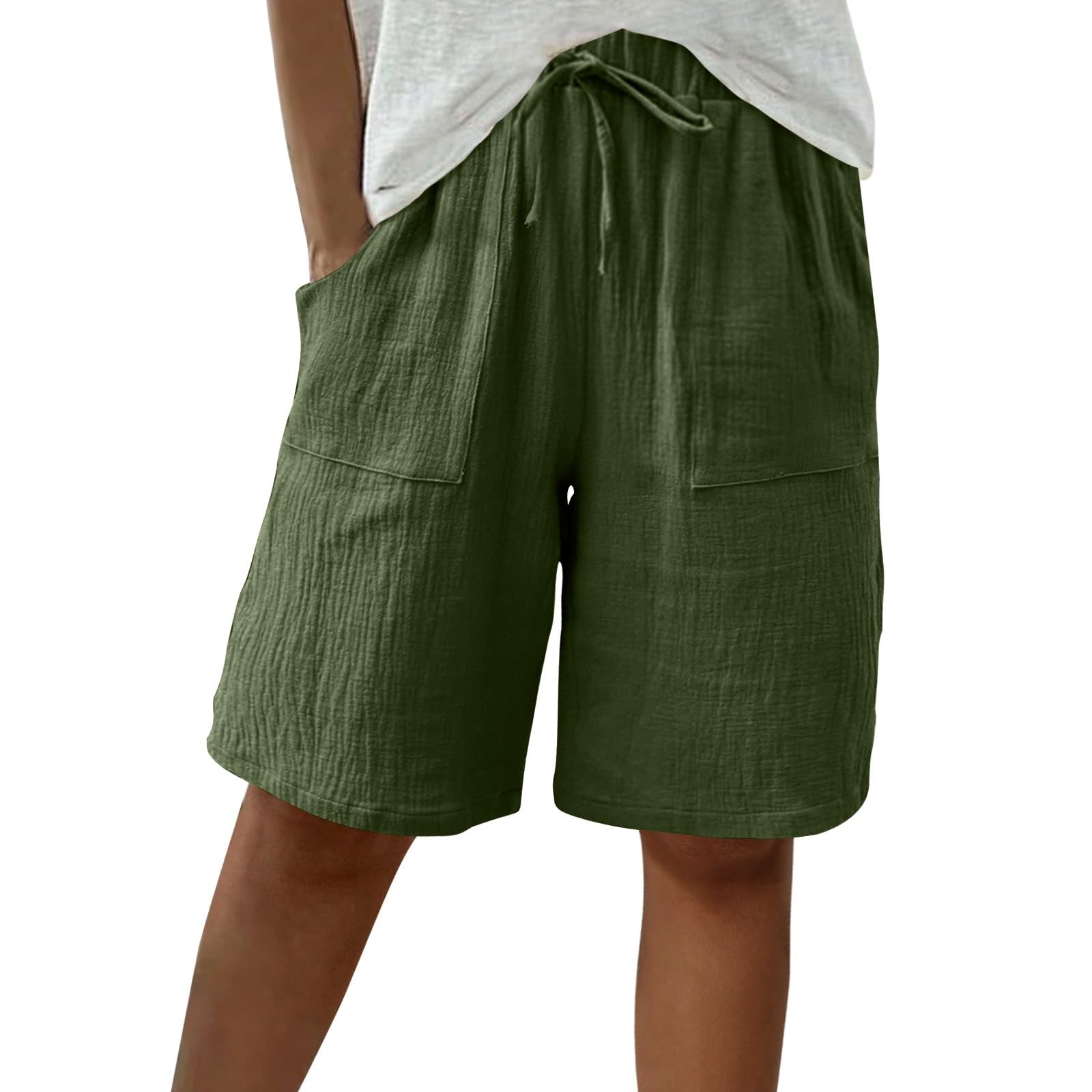 Women Beach Fashion Shorts Drawstring High Waisted Bermuda Shorts Bubble Wrinkle Casual Knee Length Short Pants(#03 Green,Large)
