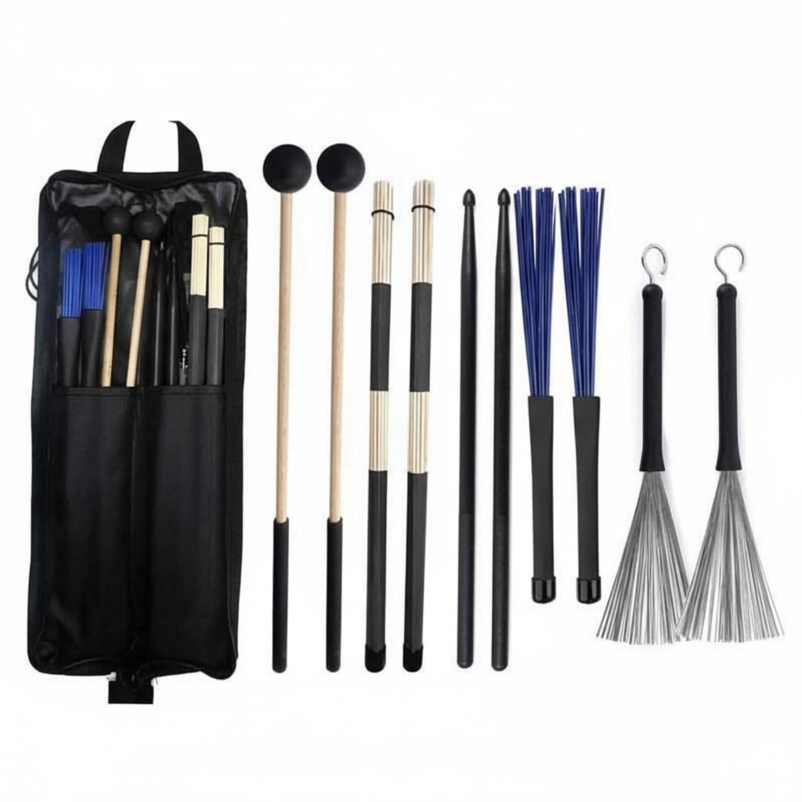 Drumsticks Bacchette Batteria Set Completo Bacchette Spazzole Mazze Bastoncini Accessori Percussioni Suoni Diversi con Borsa Organizzazione Adatto per Prove Band Concerto Scuola Musica