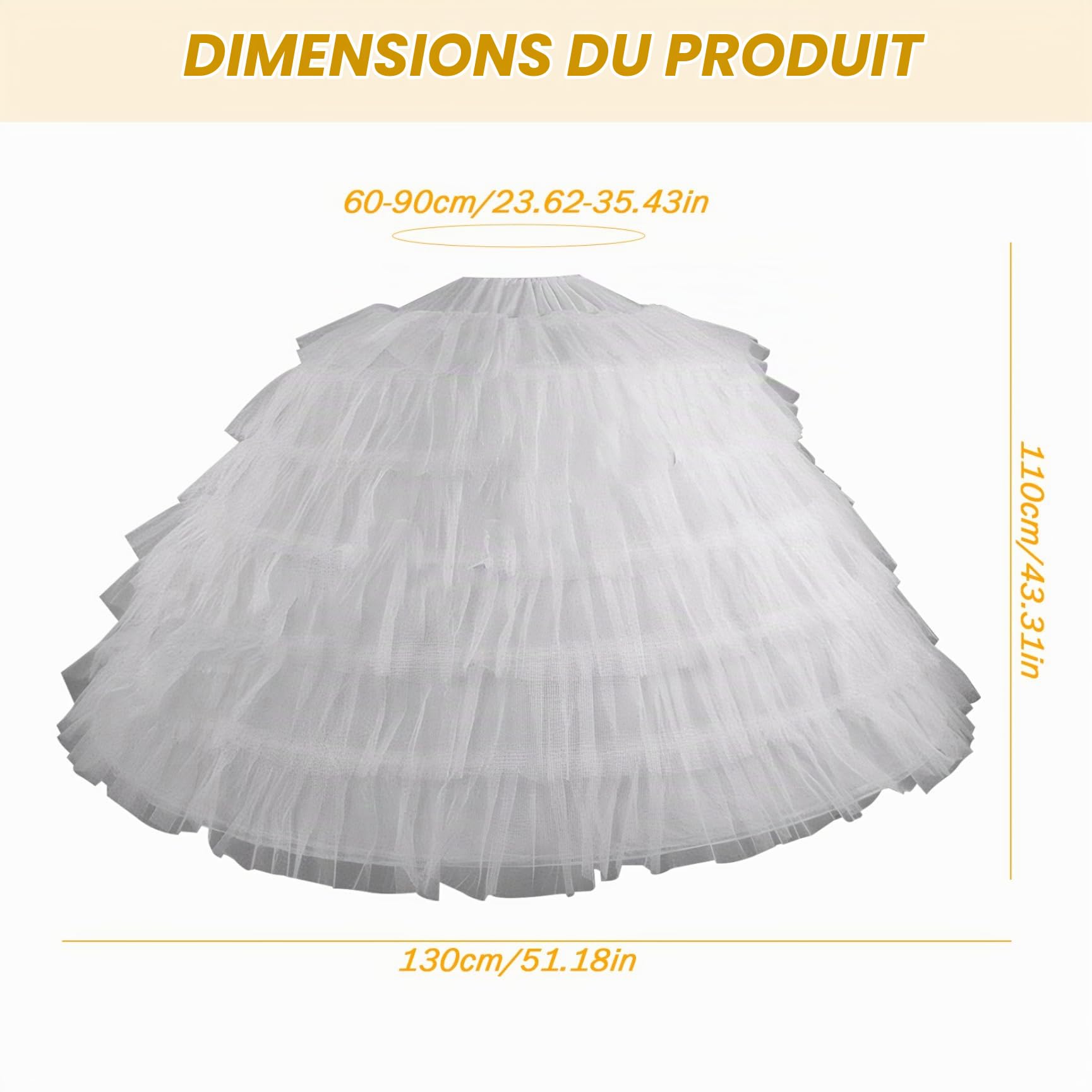 Jupe Jupon 6 cerceaux sous-Juge en Tulle Jupon de 43 Pouces de Long pour Les Femmes sous la Jupe de Cerceau de mariée réglable pour la Robe de Mariage