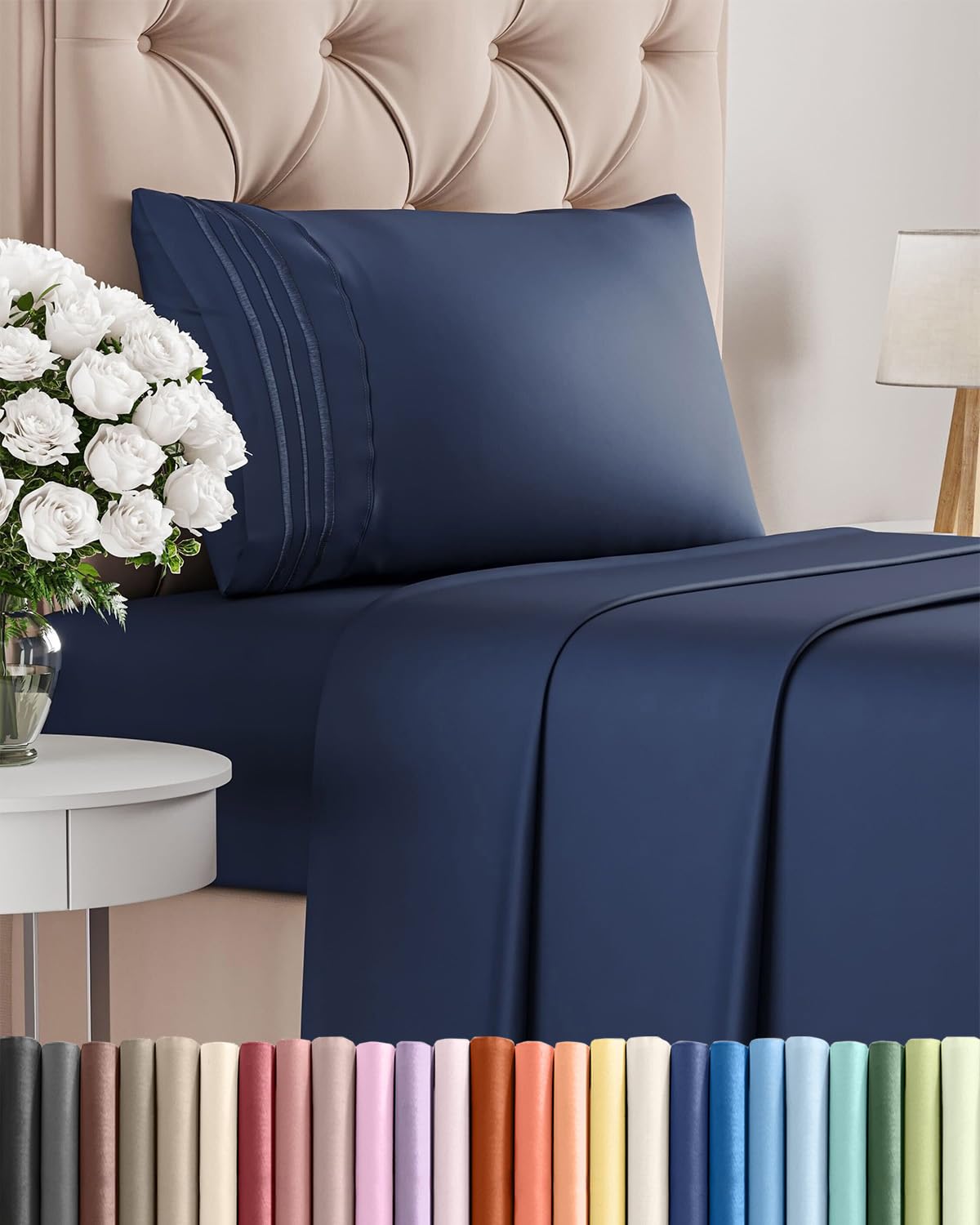 Twin Size 3 Piece Sheet Set - Comfy Breathable & Cooling Bed Sheets Set - Hotel Luxury Bedding for Women, Men, Kids, Teens, Boys & Girls - Deep Pockets, Ultra-Soft, Wrinkle Free - Oeko-Tex - Navy Blue
