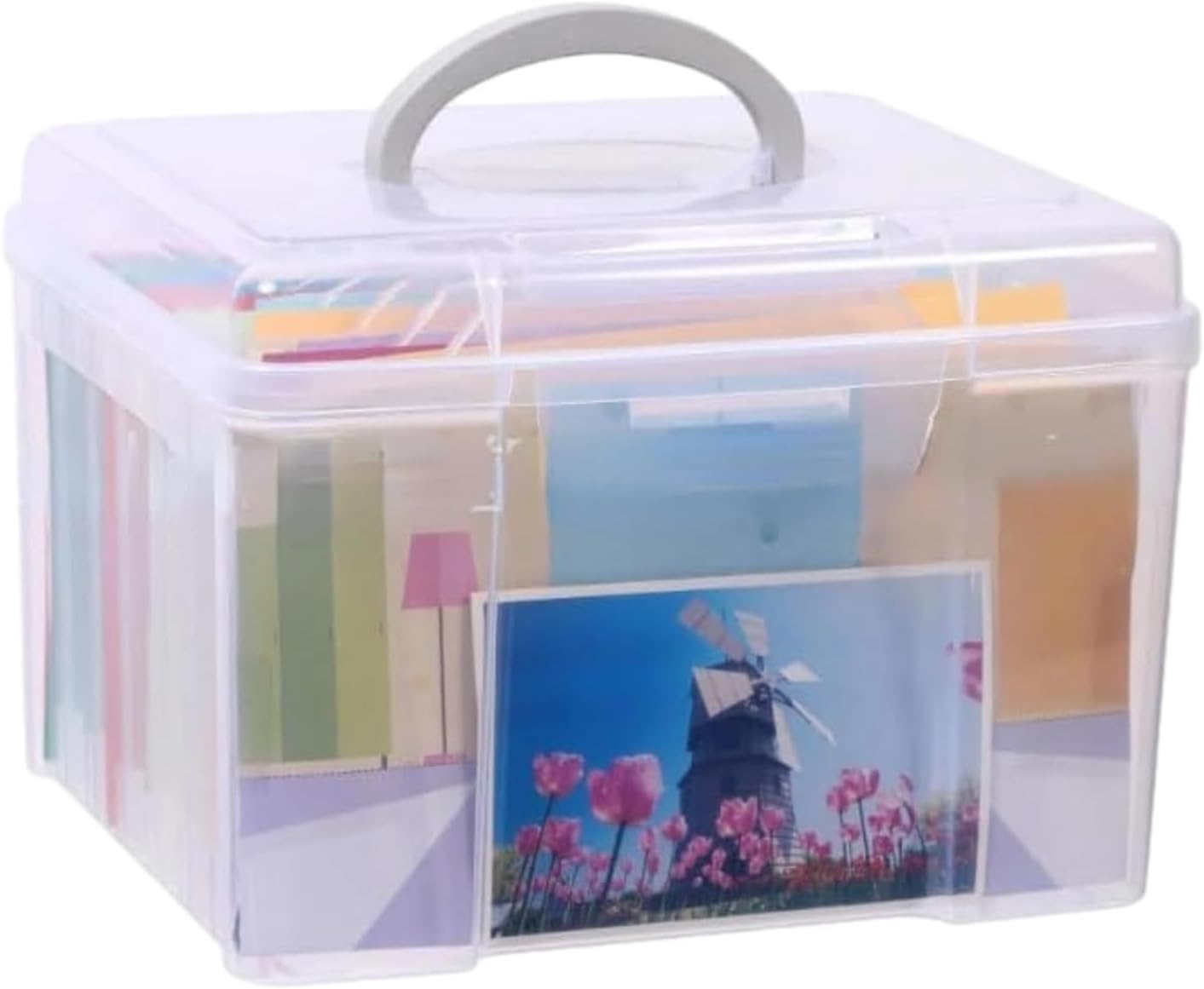 Photo Storage Box 5"x 7" with 6 Inner Keepers, Plastic Greeting Cards and Postcards Storage Box, Transparent Organizer for Photos, Stamps, Office Supplies, Tools, Crafts, and Stickers