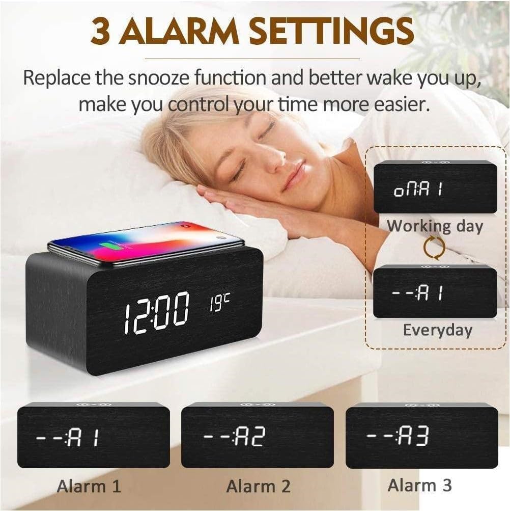 INF Digital LED Alarm Clock showing three alarm settings: A1, A2, A3, with options for working day or everyday alarms.