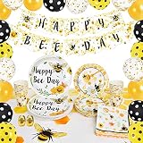 WERNNSAI Biene Geburtstag Party Dekoration - Geburtstag Partyzubehör Set für Kinder Biene Banner Luftballons Platten Tassen Servietten Löffel Tischtuch Geschirr Utensilien Für 16 Gäste 89 Stücke