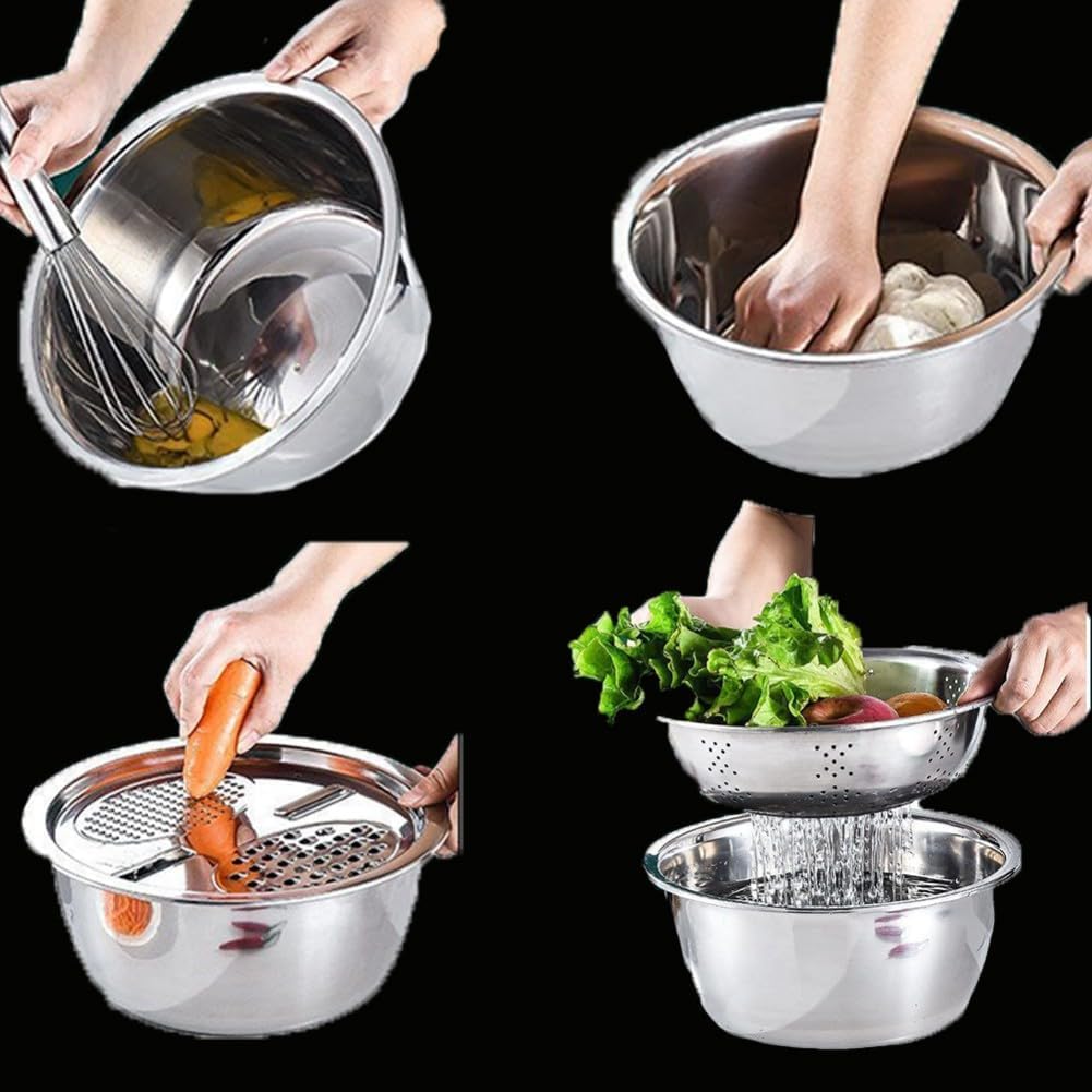 Multifunktionales Edelstahl-Schneidebecken, 5-in-1 mit Reibe, Sieb, Drainage und Reisreiniger, 26 cm für die Küche