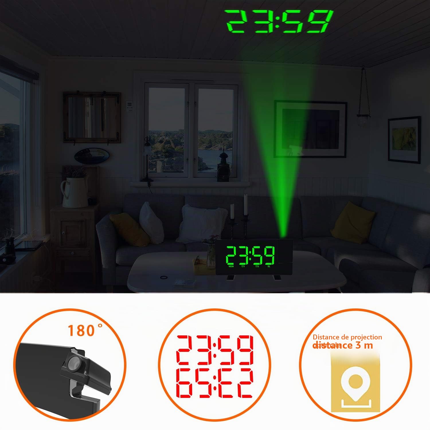 Radio Réveil à Projection, Réveil Projection Plafond 180°, Horloge Numérique FM USB avec Double Alarmes, Snooze, Minuteur de Mise en Veille, 12/24h, Grand écran LED avec Gradateur (Vert)
