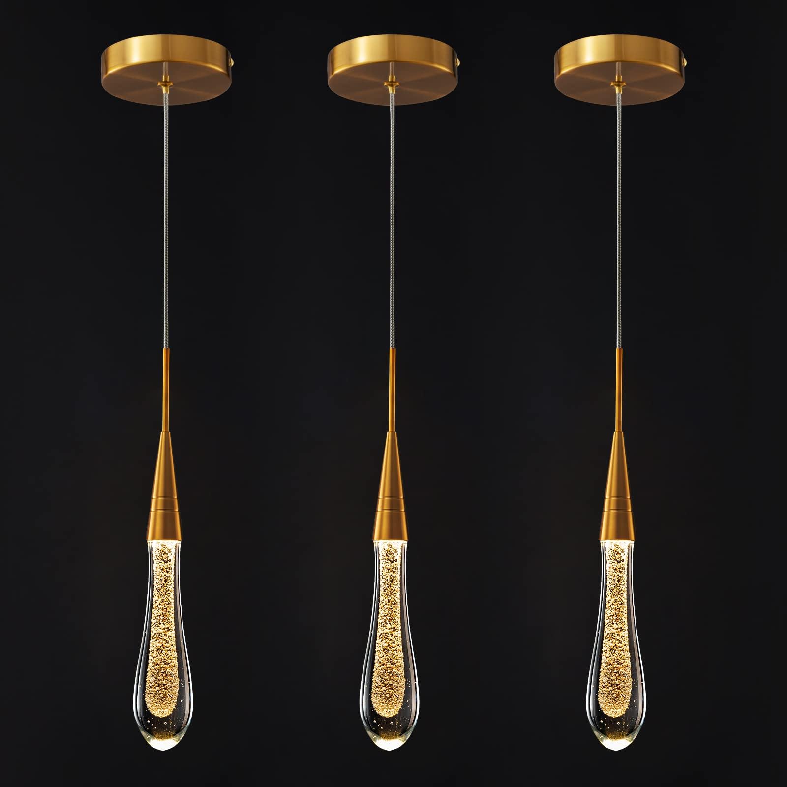 KXEcoLife Kitchen Light Fixtures Ceiling Dimmable LED Modern Pendant Mini Teardrop Crystal for Island Bedroom Hallway Entryway (3-Pack)