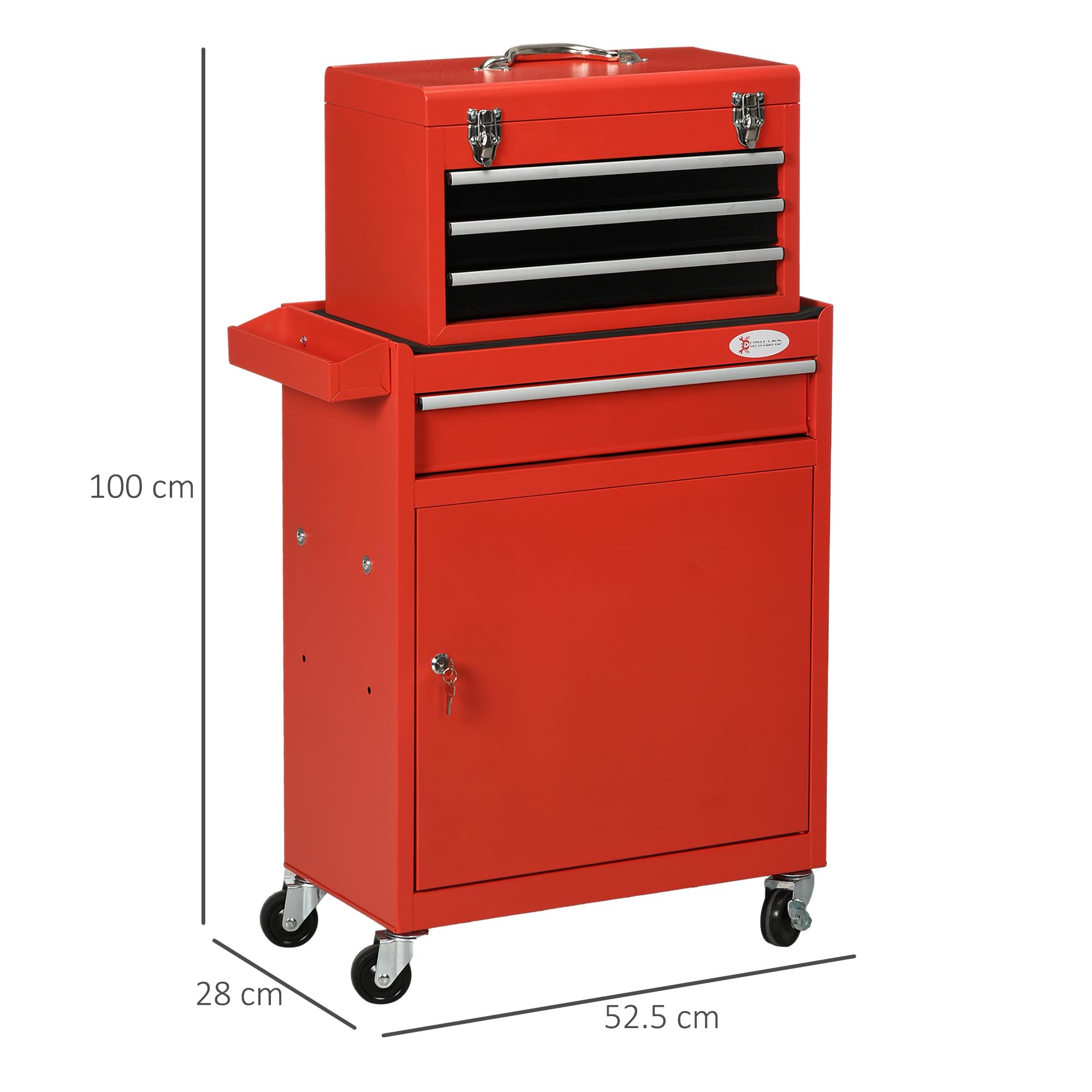 DURHAND Carrello Porta Attrezzi 2 in 1 Armadietto con Chiave Acciaio Rosso | Cassetta Portautensili Rimovibile, 4 Cassetti Totali