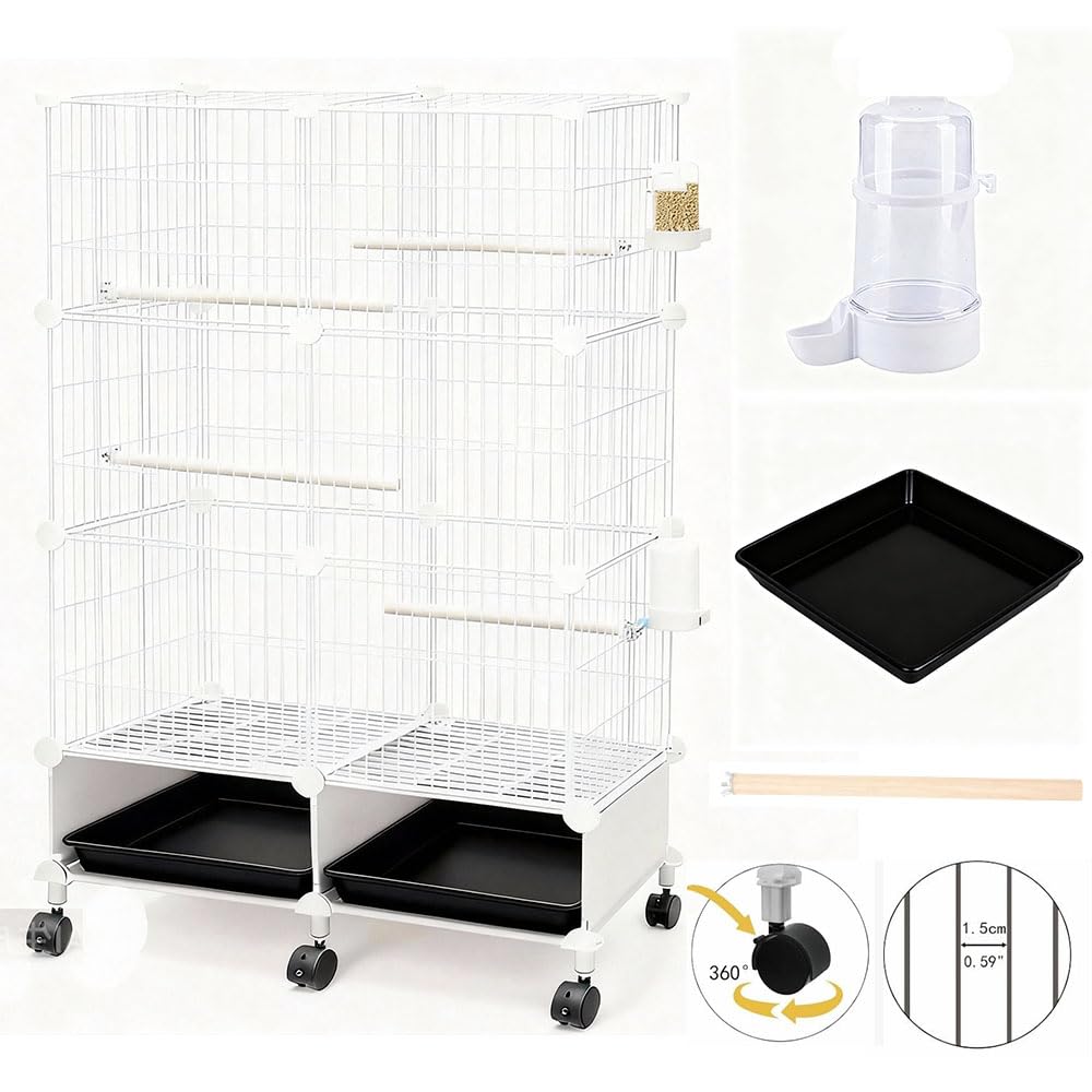 Jaula grande para pájaros, jaula para periquitos con soporte desmontable y ruedas, jaula para pájaros con bandeja deslizante para pájaros, perchas de madera, soporte rodante, jaula de pájaros de vuelo
