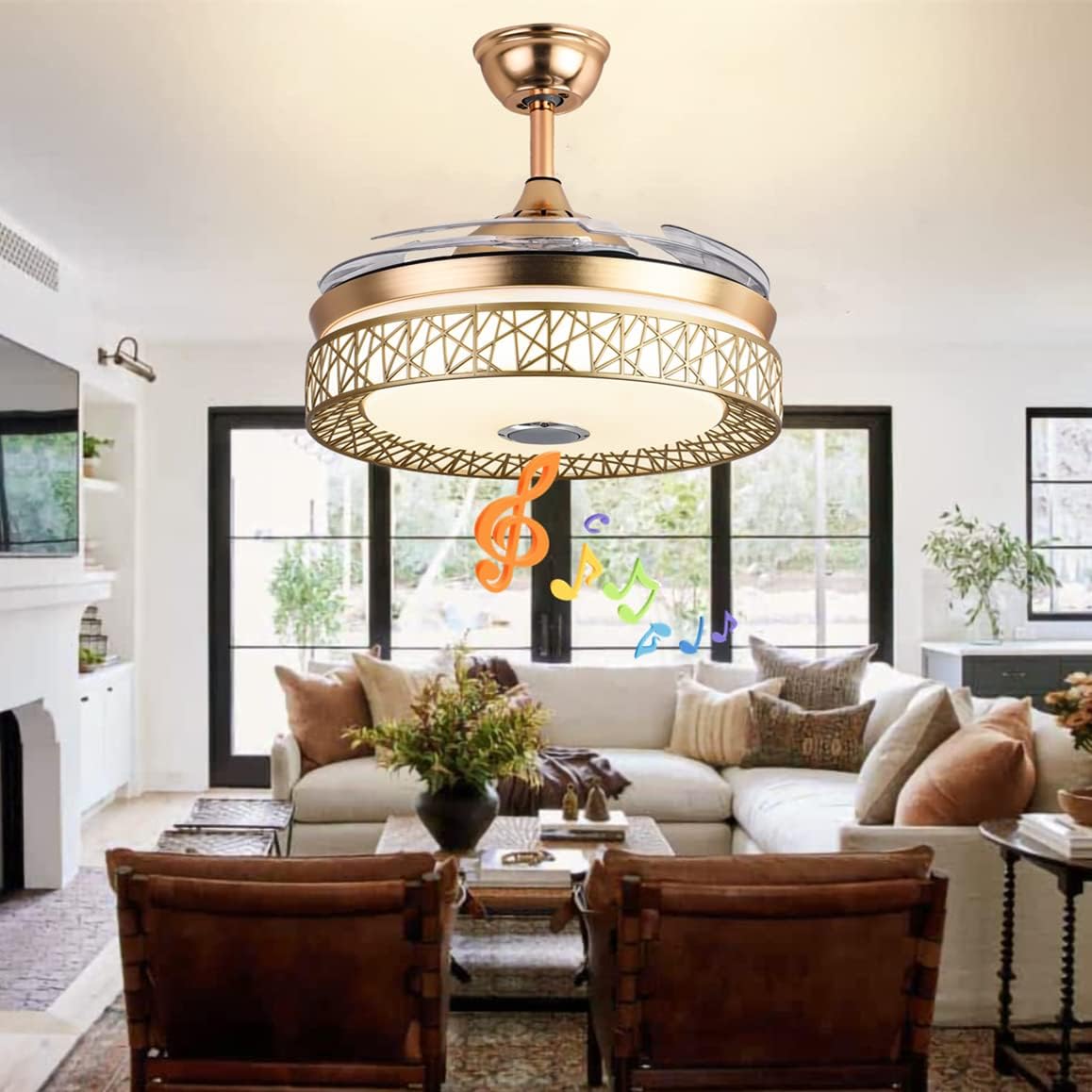 42inch Invisible Fandelier Ceiling Fan with Lights and Bluetooth Speaker, Retractable Fan Chandelier with Remote Control 3 Light Color 3 Speeds Silent Ceiling Fans For Bedroom Living Dining Room