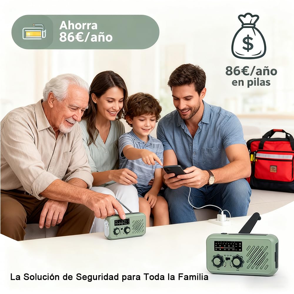 Linterna Solar Recargable con Radio, FM/Am Radio de Emergencia Portátil, Radio Solar de Emergencia con Manivela con LED 2000mAh Powerbank SOS Alarma USB para Camping al Aire Libre Kit Supervivencia
