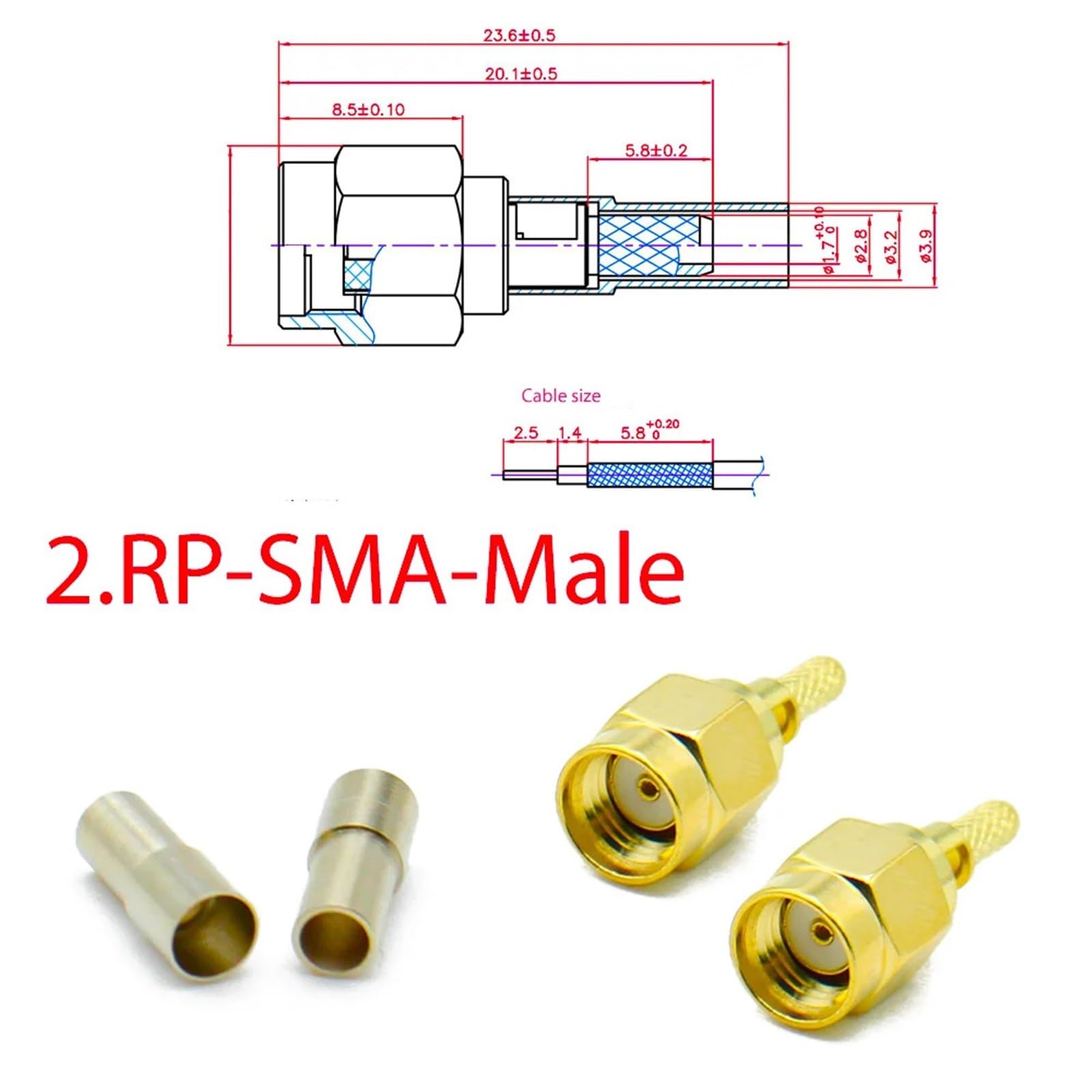 SMA Connecteur mâle femelle à sertir pour fenêtre RP Écrou central Adaptateur de cloison (type 1, 20 pièces)