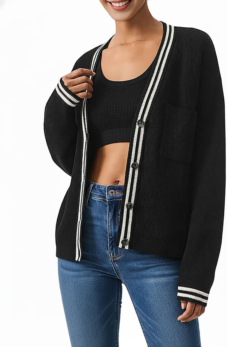 TQD Cardigan Sweaters for Women Lightweight Open Front Button Up Knit Cardigans Tops Striped Trim Sweater Jackets 2026 Trendy