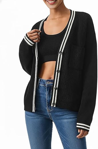 TQD Cardigan Sweaters for Women Lightweight Open Front Button Up Knit Cardigans Tops Striped Trim Sweater Jackets 2026 Trendy