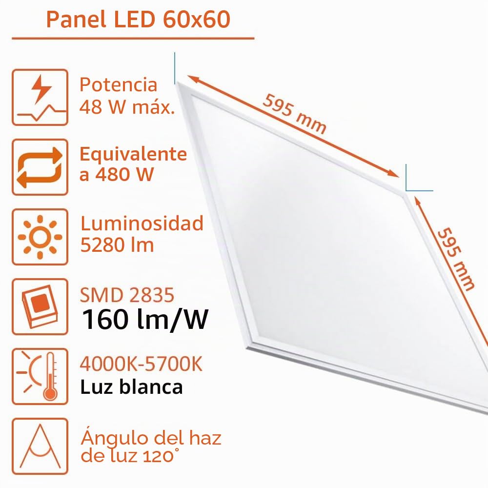 FactorLED Pack x10 Panel LED Slim 60x60cm 48W, Premium Line, NO FLICK, 5280 lúmenes, Drivers Multivatios, Paneles Backlit, IP20, Luz Natural 4000K