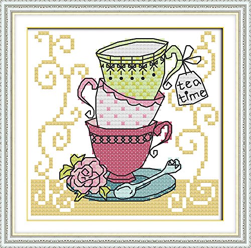 Image of Howie's Needlepoint Cross Stitch Kits, 11CT Pre-Printed Pattern Needlepoint Kits, Full Range of Stamped Starter Kits (Teacup Three, 7.1 x 7.1 Inch)