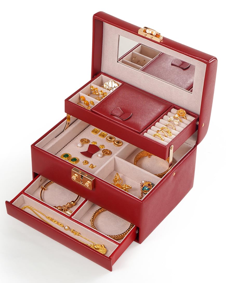 CASEGRACE Jewelry Box 3 Layers Leather Jewelry Storage Box with Lock Mirror Jewelry Storage Case for Necklaces Earrings