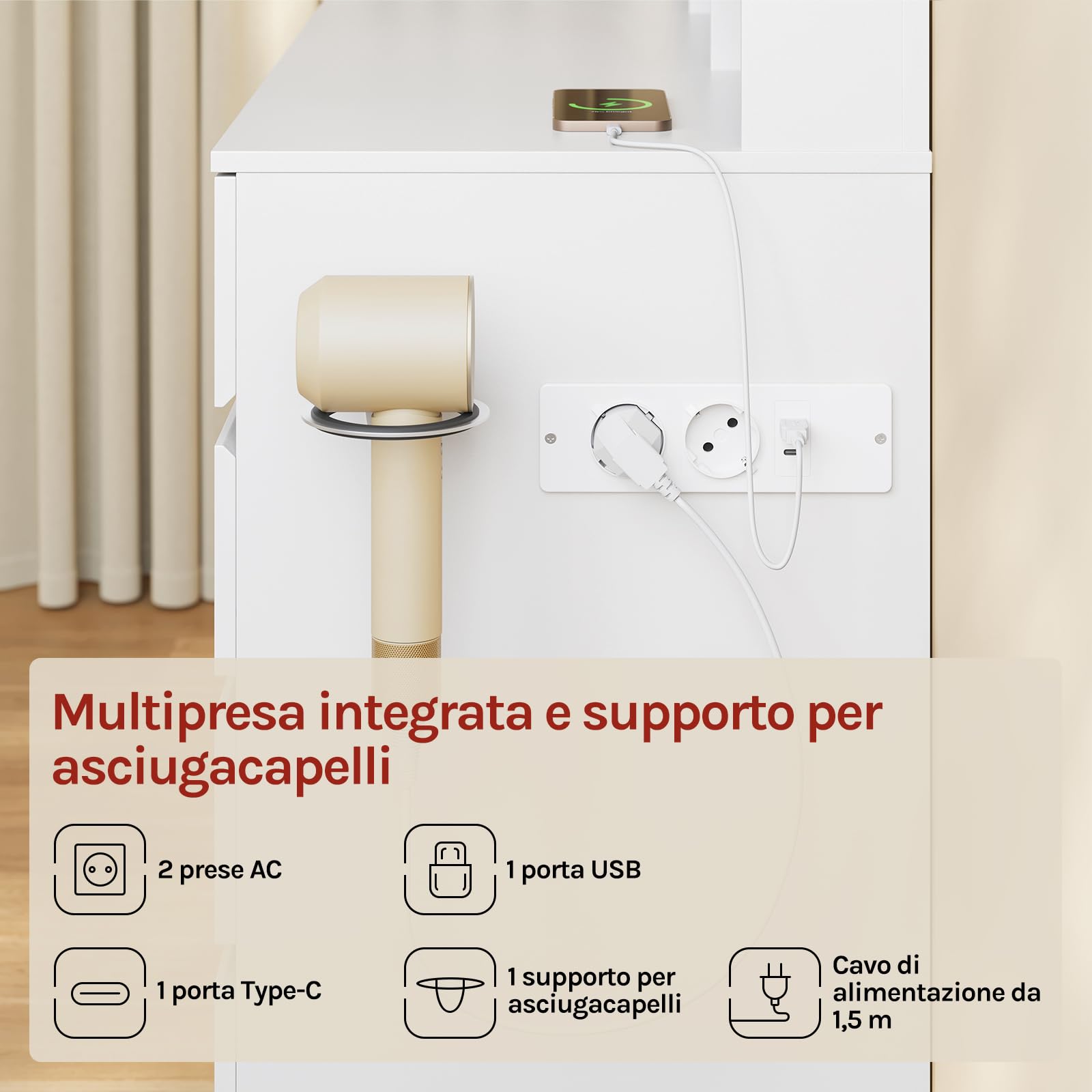 WOLTU Toletta da Trucco con Specchio e Luci, Postazione Trucco con Ingranditore 5x, Stazione di Ricarica, 9 Cassetti, 3 Scomparti Aperti e Supporto per Asciugacapelli, per Camera da Letto, Bianco