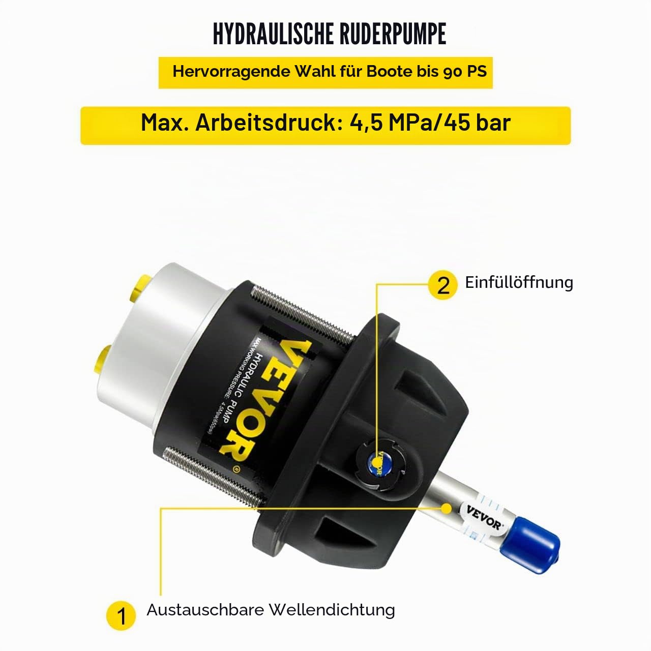 VEVOR Hydraulisches Außenborder-Lenkset 90 PS, Außenborder Hydrauliklenksystem mit Helmpumpenzylinder, Marine-Lenksystem-Satz Schrittweite 200 mm