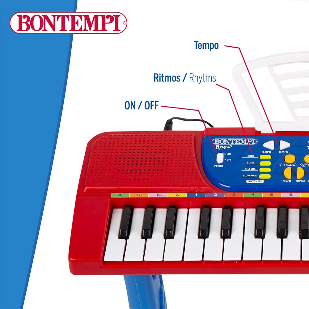 Bontempi Piano Infantil 37 Teclas con Taburete, micrófono y Atril, 4 Sonidos, 4 ritmos, 11 melodías, Función Aprendizaje Okon, Conexión USB-C o 4 Pilas AA (N/I), Juguete Musical, +3 años (47907)