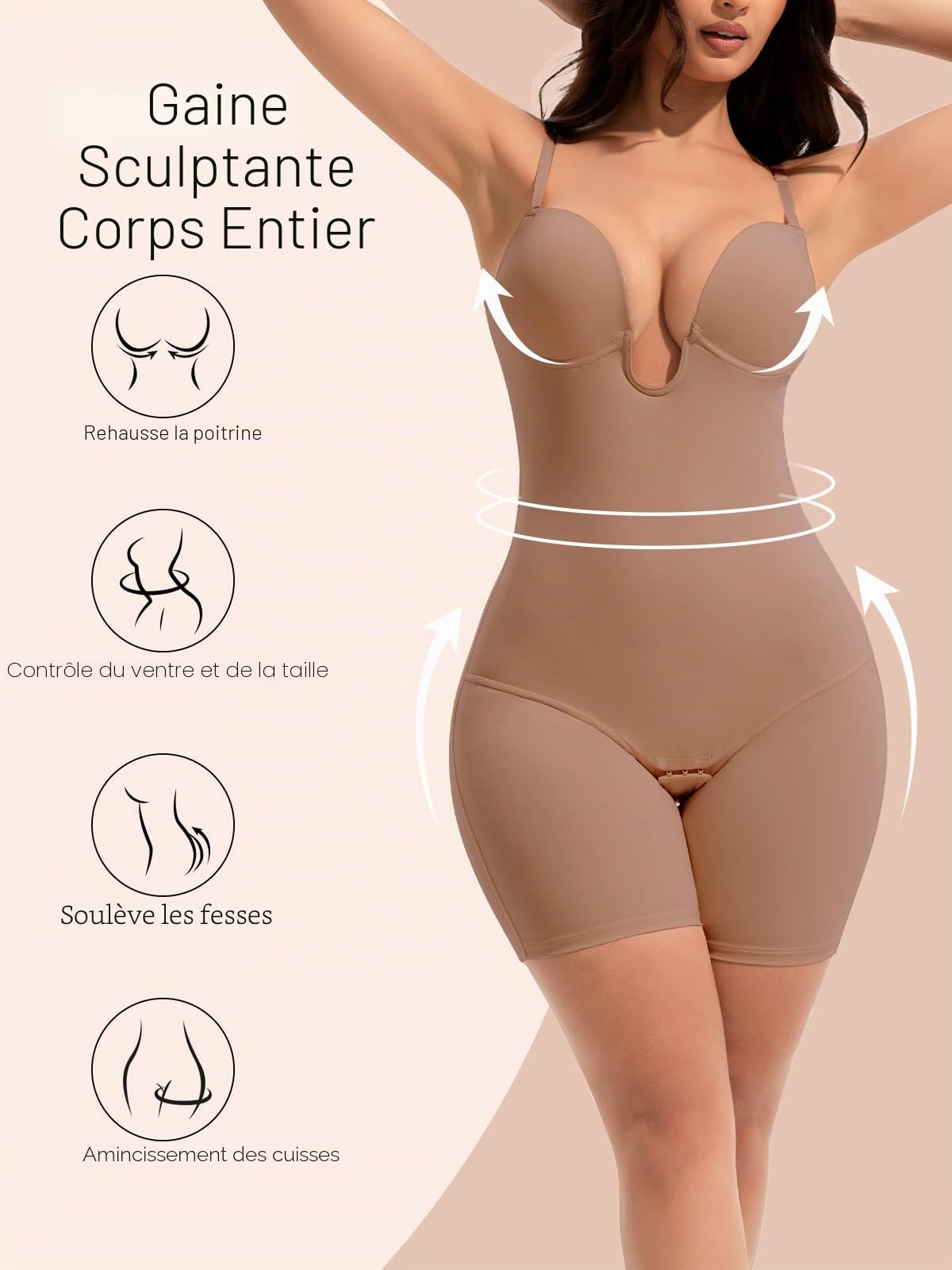 Slimers Gaine dos nu amincissante : Body gainant dos nu plongeant : gaine sculptante intégrale avec soutien-gorge intégré.