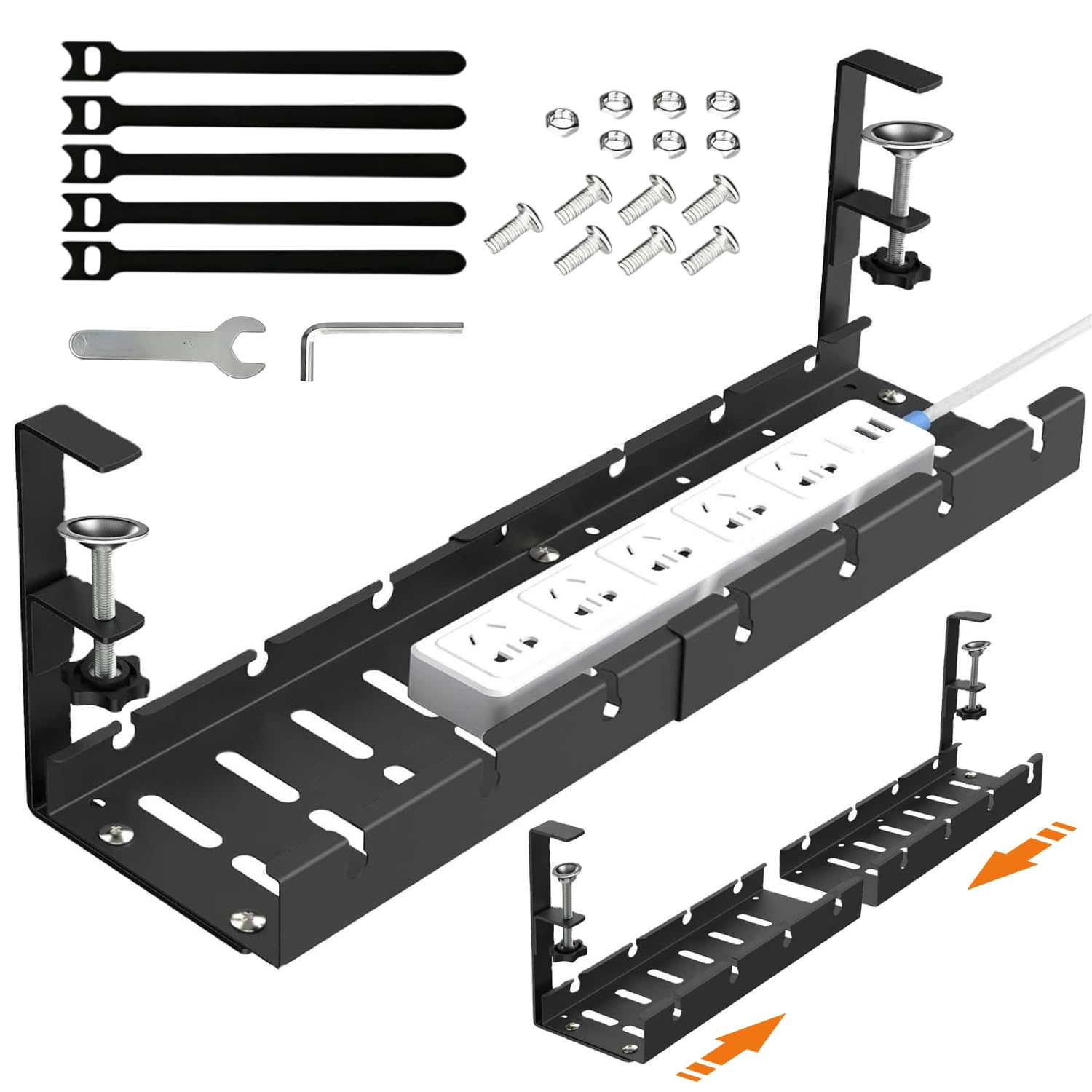 Dyazo Under Desk Cable Management Tray | Adjustable 28.5-55 CM Metal Cable Organizer Rack | No-Drill Wire Management Shelf for Power Strip, Extension Board, Router, Network & Charging Cables (Black)