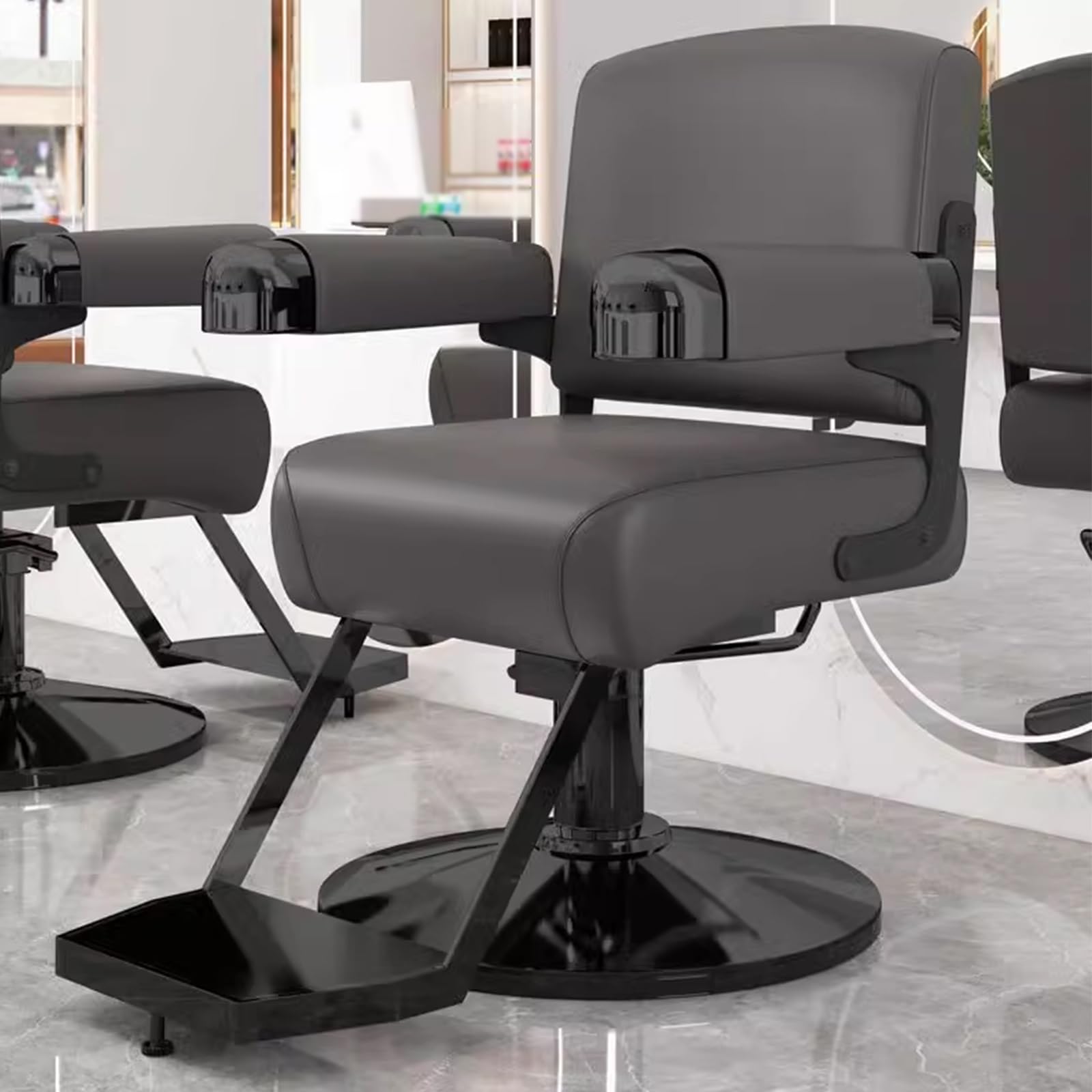 Friseurstühle, Premium-Friseurstuhl für Friseursalon und Zuhause – 360° drehbar, hydraulisch höhenverstellbar, gepolsterter Salonstuhl aus PU-Leder mit schwarz galvanisiertem Fußkreuz – eleg