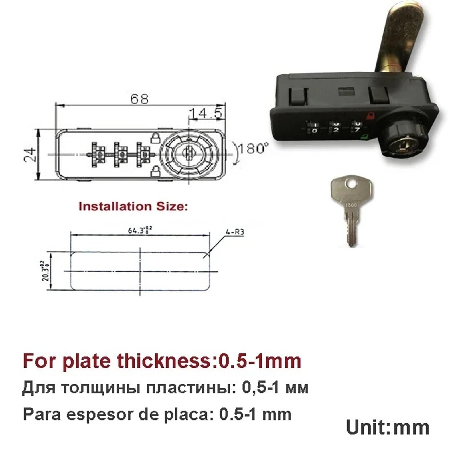 Cerradura de leva combinada for gabinete de 3-4 dígitos con llave de reinicio for puerta, taquilla de gimnasio, joyero MS514 H, 1 unidad(3H Lock Key)