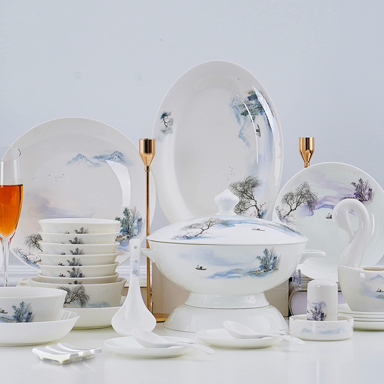 Bone China Dinner Sets Nordic Creative Relief Phnom Penh Kombination Keramik Geschirr Anzug Geeignet für Geschenke Hochzeit Hotel 60 Stück