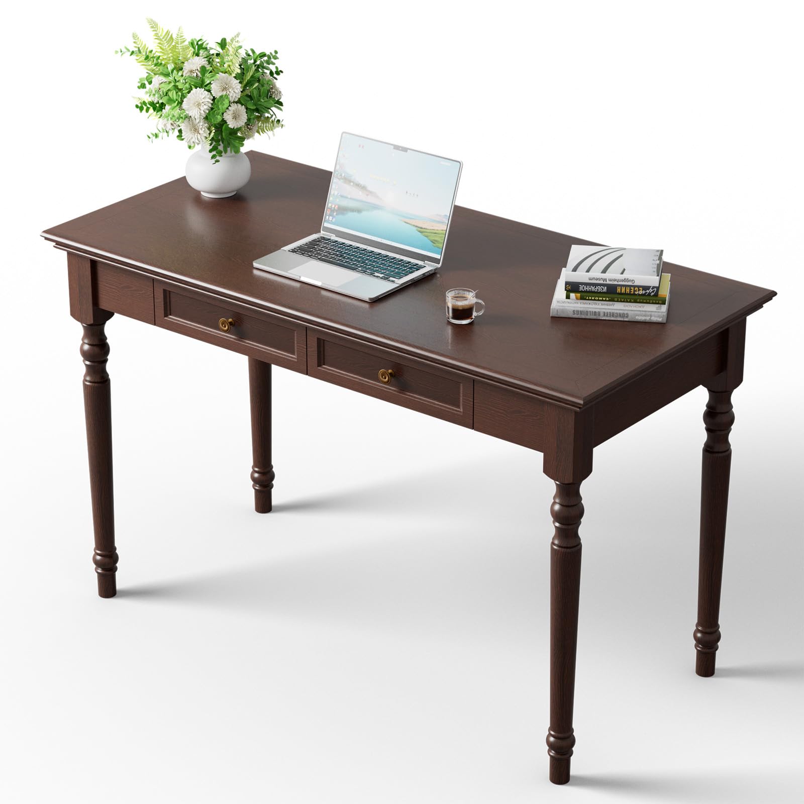ADORZ Walnut Writing Desk with Drawers, 47" French Country Solid Wood Desk for Home Office, Study or Bedroom