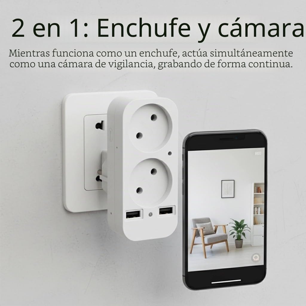 Cámara de enchufe multifuncional, 1080P HD, enchufe europeo,USB,Conexión WiFi/Punto de acceso AP, Visualización remota por aplicación, Monitor de interior para mascotas